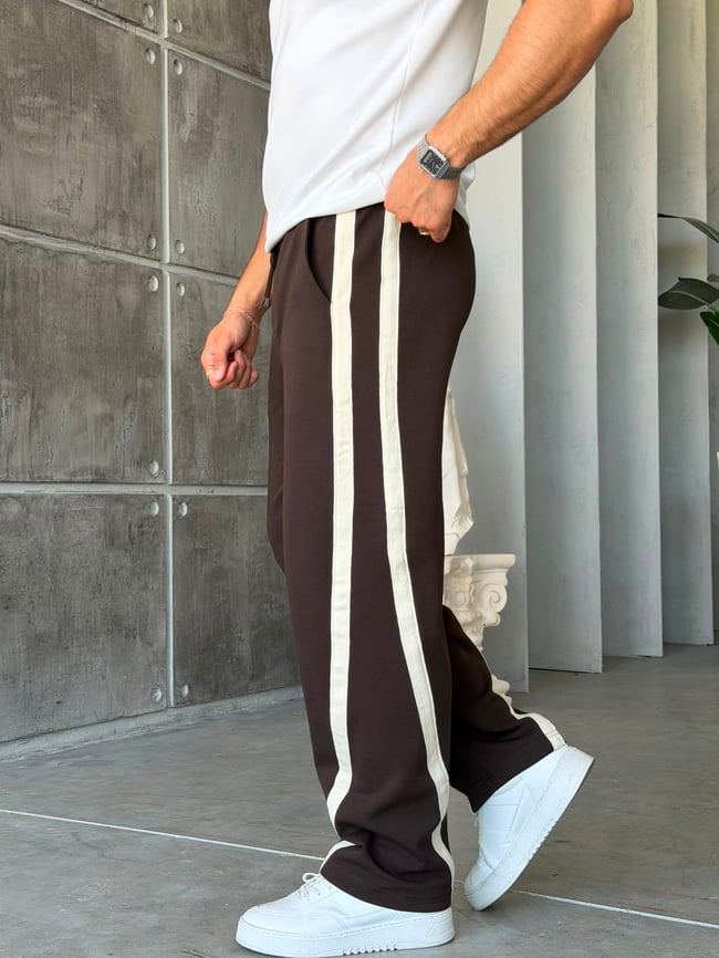 Asymmetric Striped Double Face Baggy Tracksuit – Brown