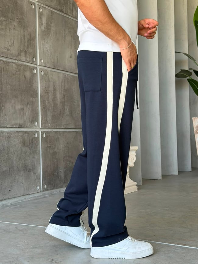 Asymmetric Striped Double Face Baggy Tracksuit – Navy
