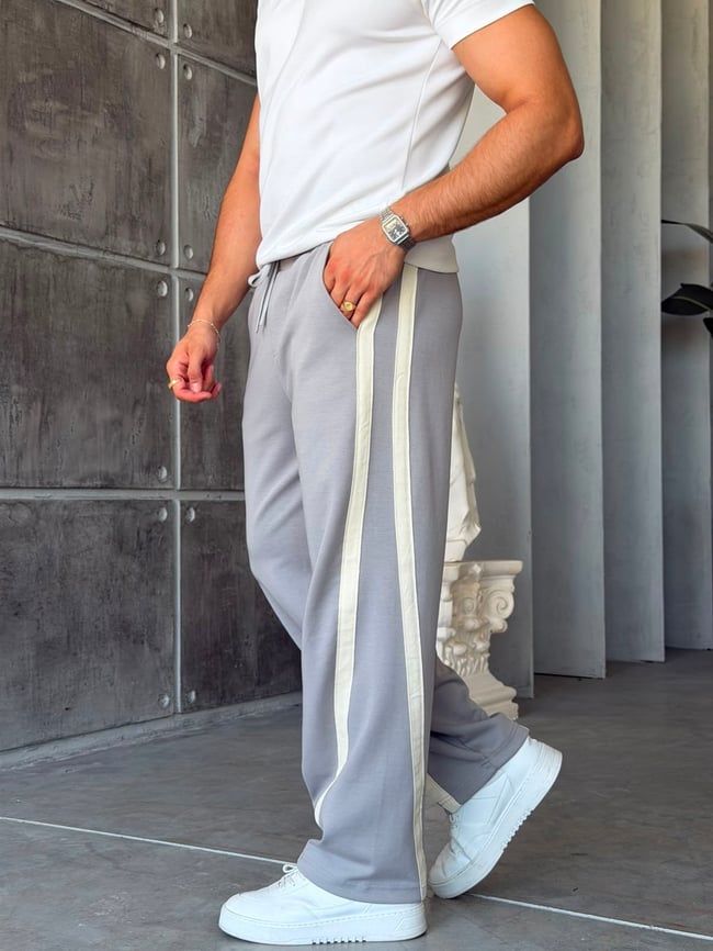 Asymmetric Striped Double Face Baggy Tracksuit – Gri