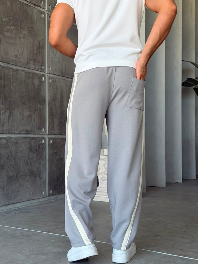 Asymmetric Striped Double Face Baggy Tracksuit – Gri