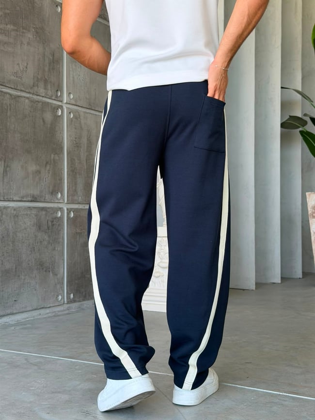 Asymmetric Striped Double Face Baggy Tracksuit – Navy