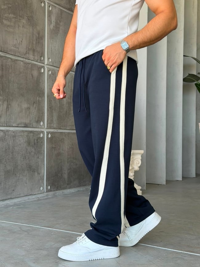 Asymmetric Striped Double Face Baggy Tracksuit – Navy