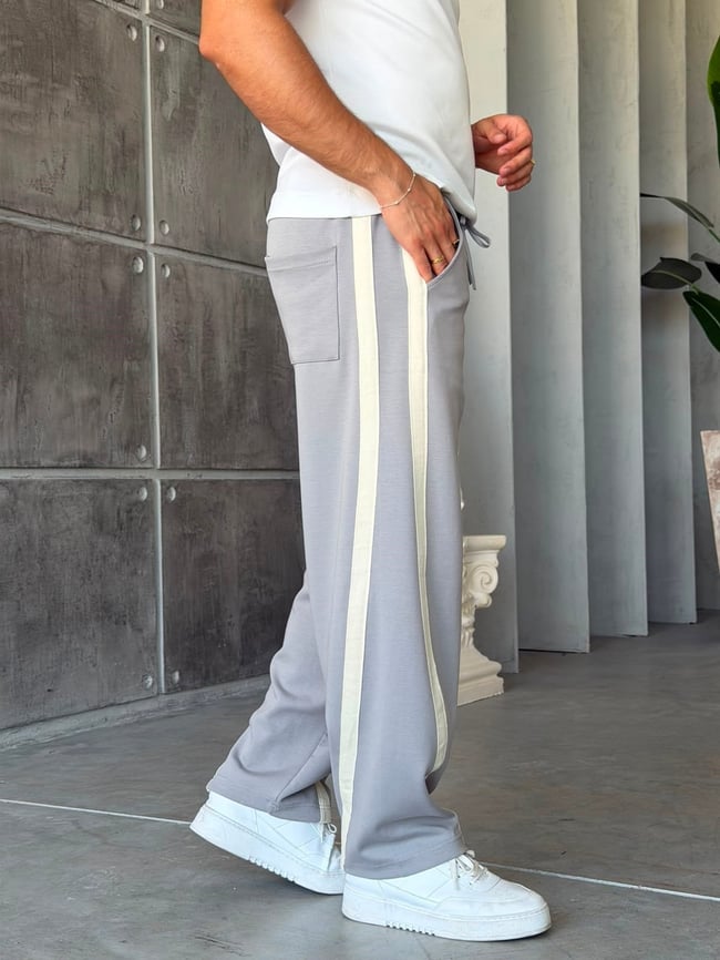 Asymmetric Striped Double Face Baggy Tracksuit – Gri