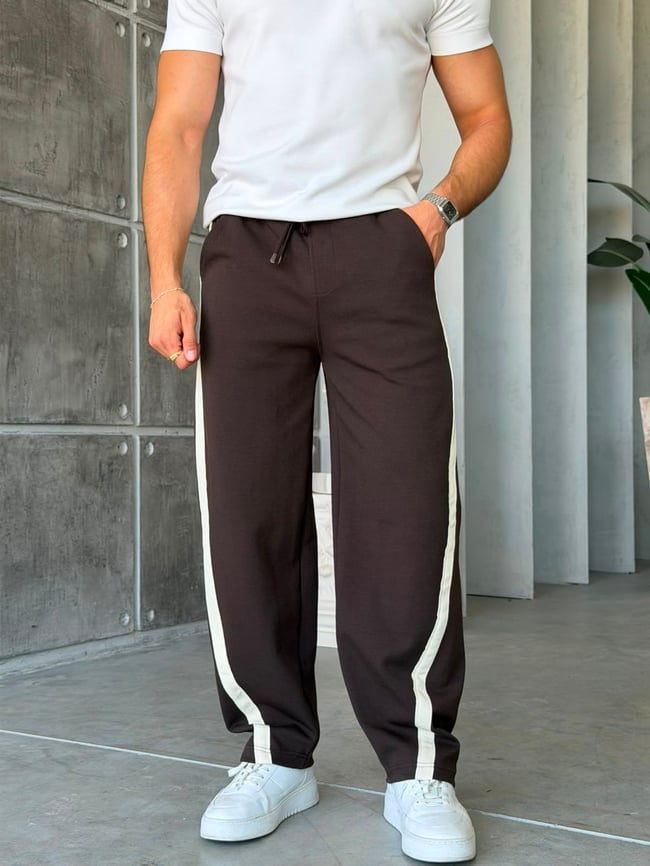 Asymmetric Striped Double Face Baggy Tracksuit – Brown