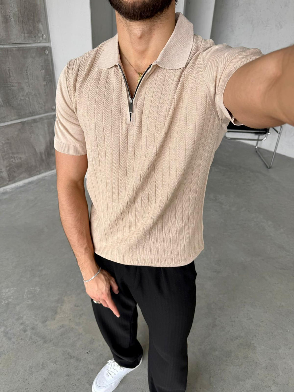 Patterned Zip Polo Knit – Cream | TST.010