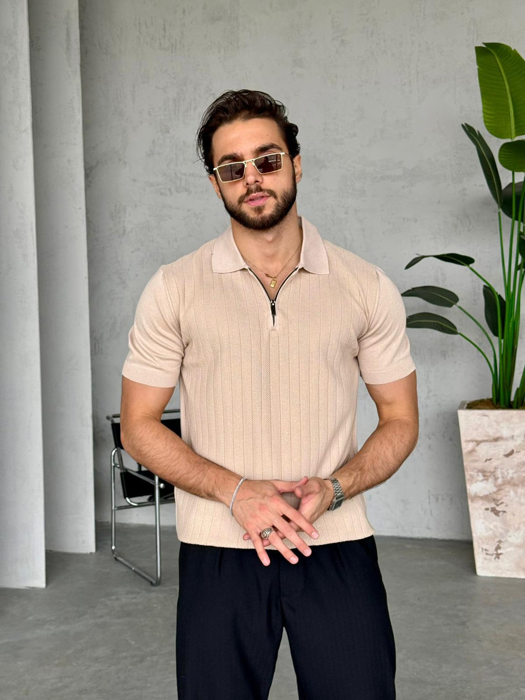 Patterned Zip Polo Knit – Cream | TST.010