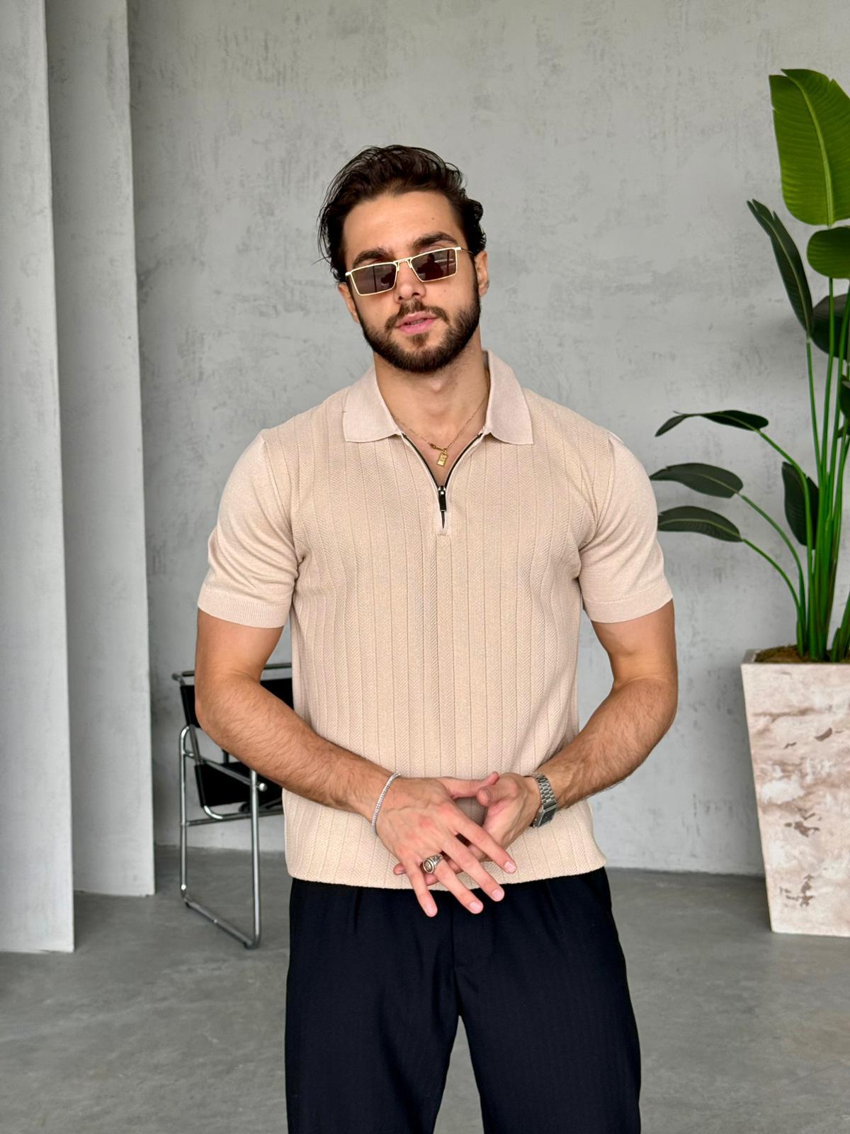 Patterned Zip Polo Knit – Cream | TST.010