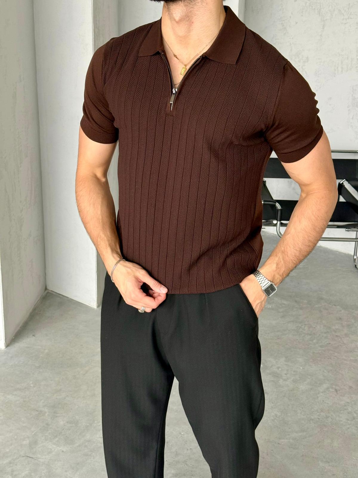 Patterned Zip Polo Knit – Brown | TST.010