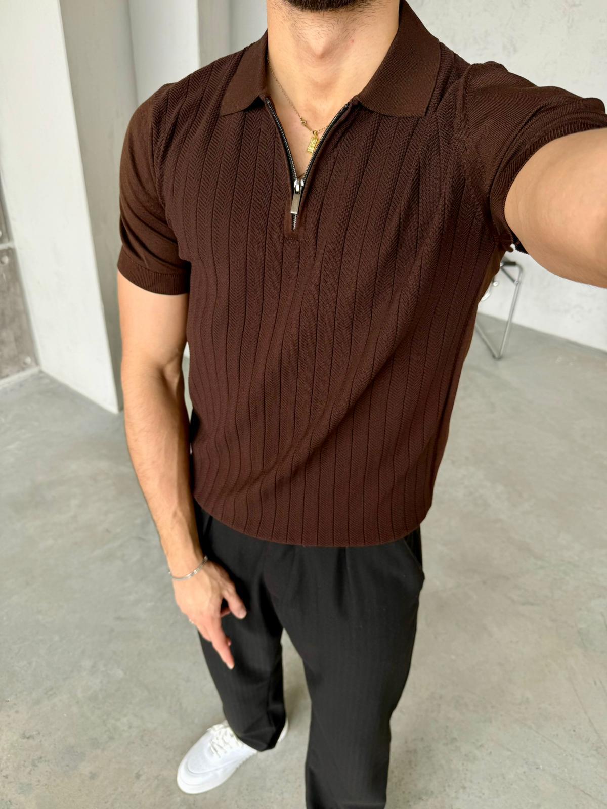 Patterned Zip Polo Knit – Brown | TST.010