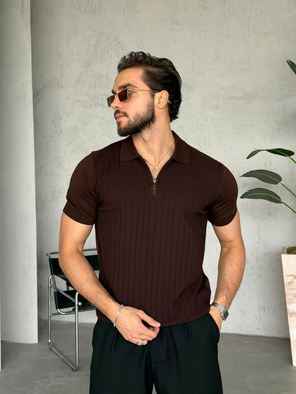 Patterned Zip Polo Knit – Brown | TST.010