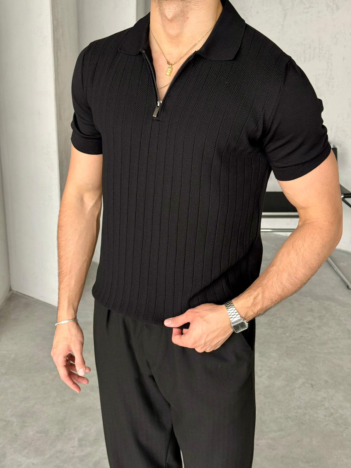 Patterned Zip Polo Knit – Black | TST.010