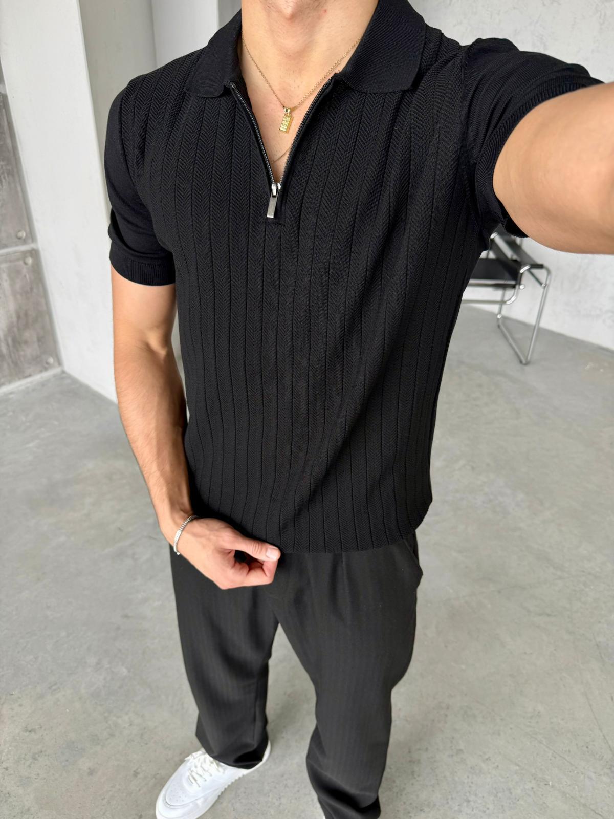 Patterned Zip Polo Knit – Black | TST.010