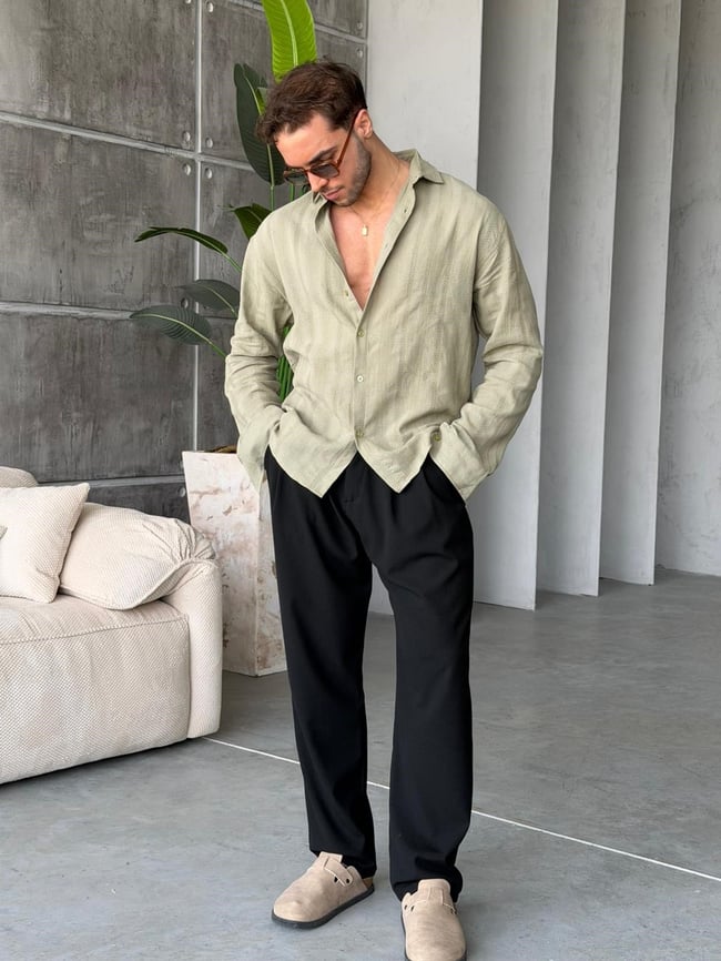 Patterned Linen Shirt – Khaki V |  GML.015