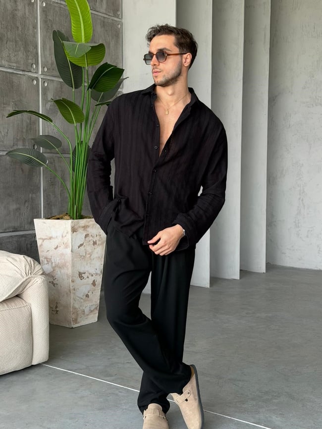 Patterned Linen Shirt – Black V |  GML.015