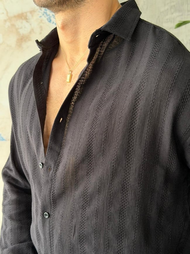 Patterned Linen Shirt – Black V |  GML.015