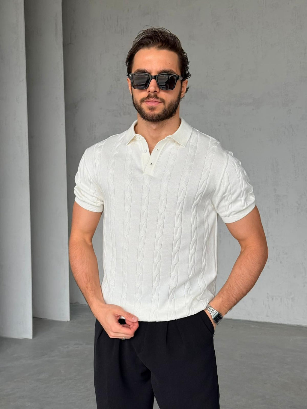 Patterned Polo Knit – White | TST.09