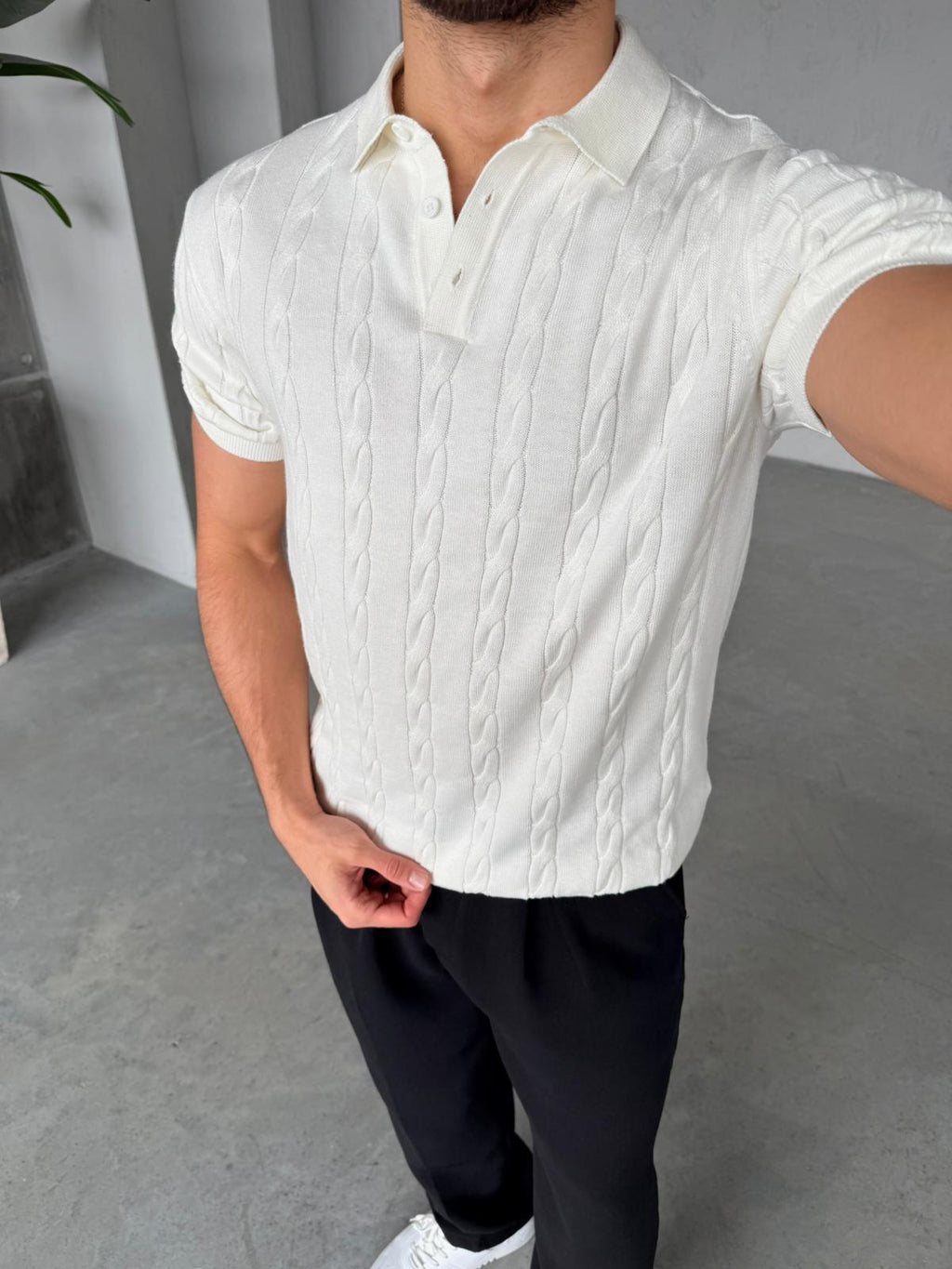 Patterned Polo Knit – White | TST.09