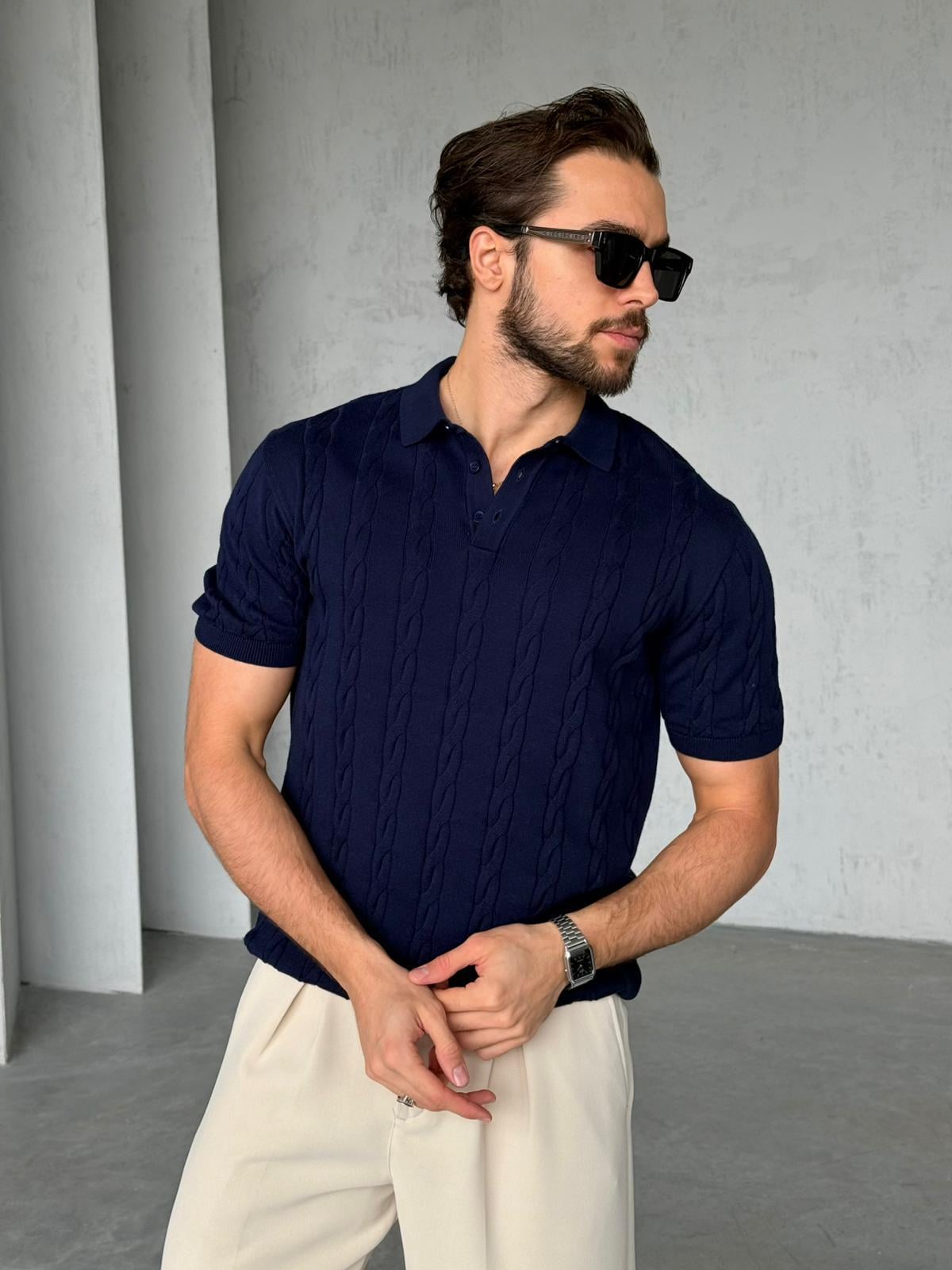 Patterned Polo Knit – Navy | TST.09