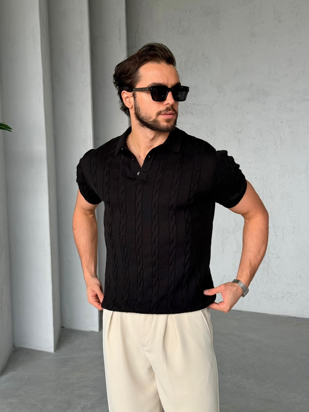 Patterned Polo Knit – Black| TST.09