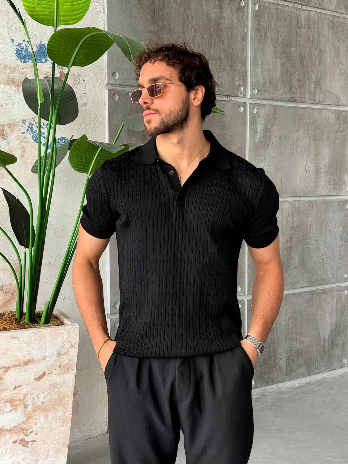 Patterned Polo Knit V – Black
