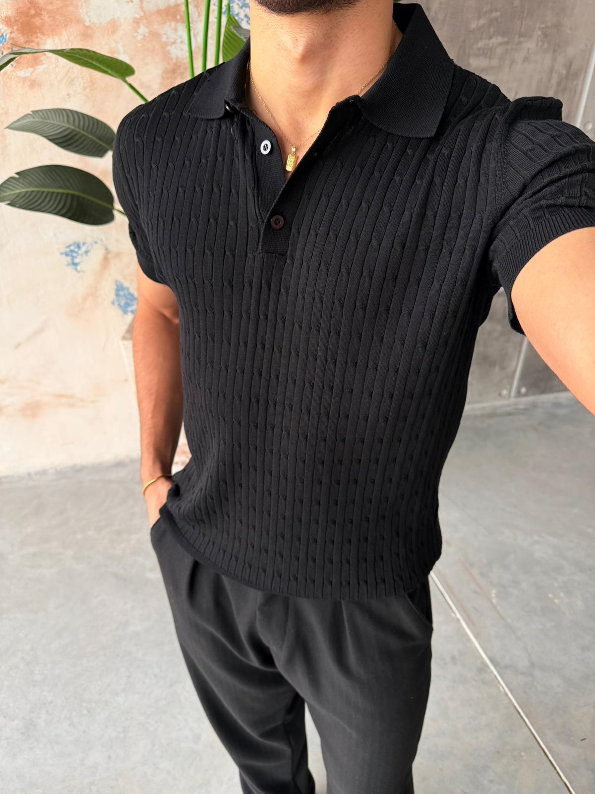 Patterned Polo Knit V – Black
