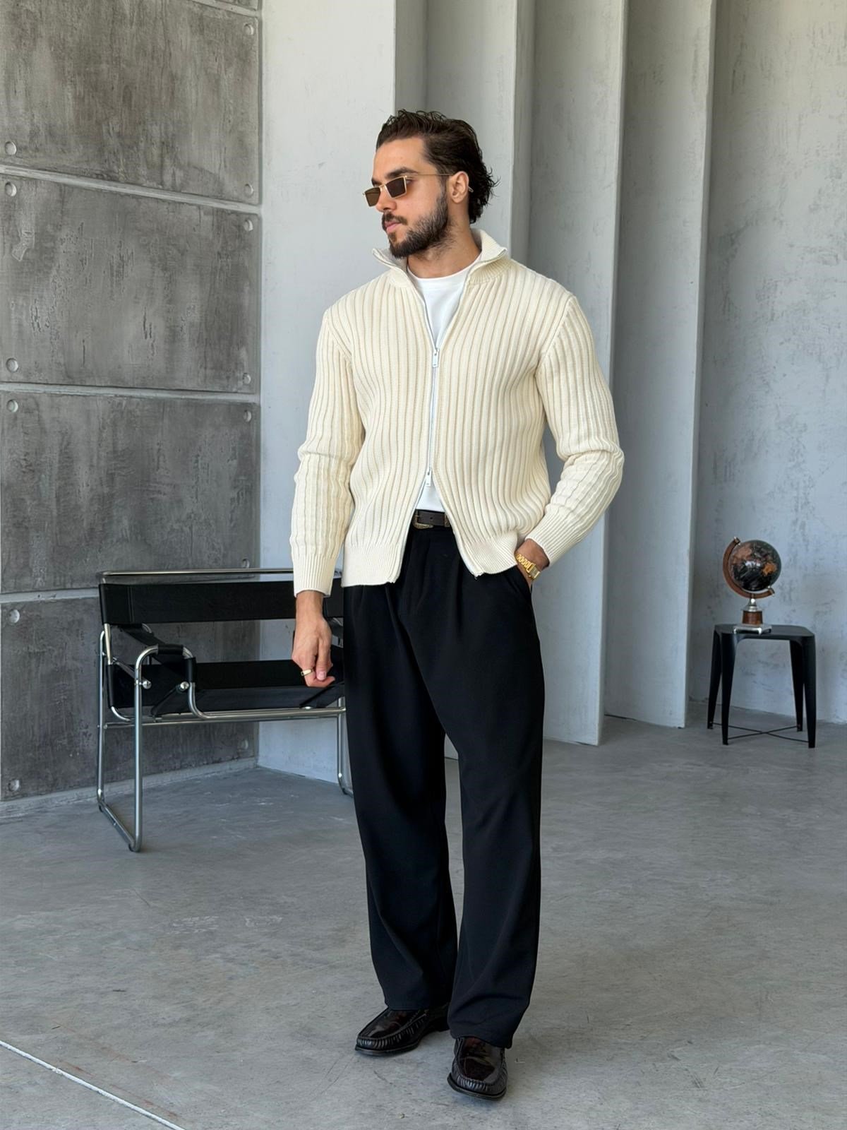 Ribbed Stand Collar Double-Zip - ECRU