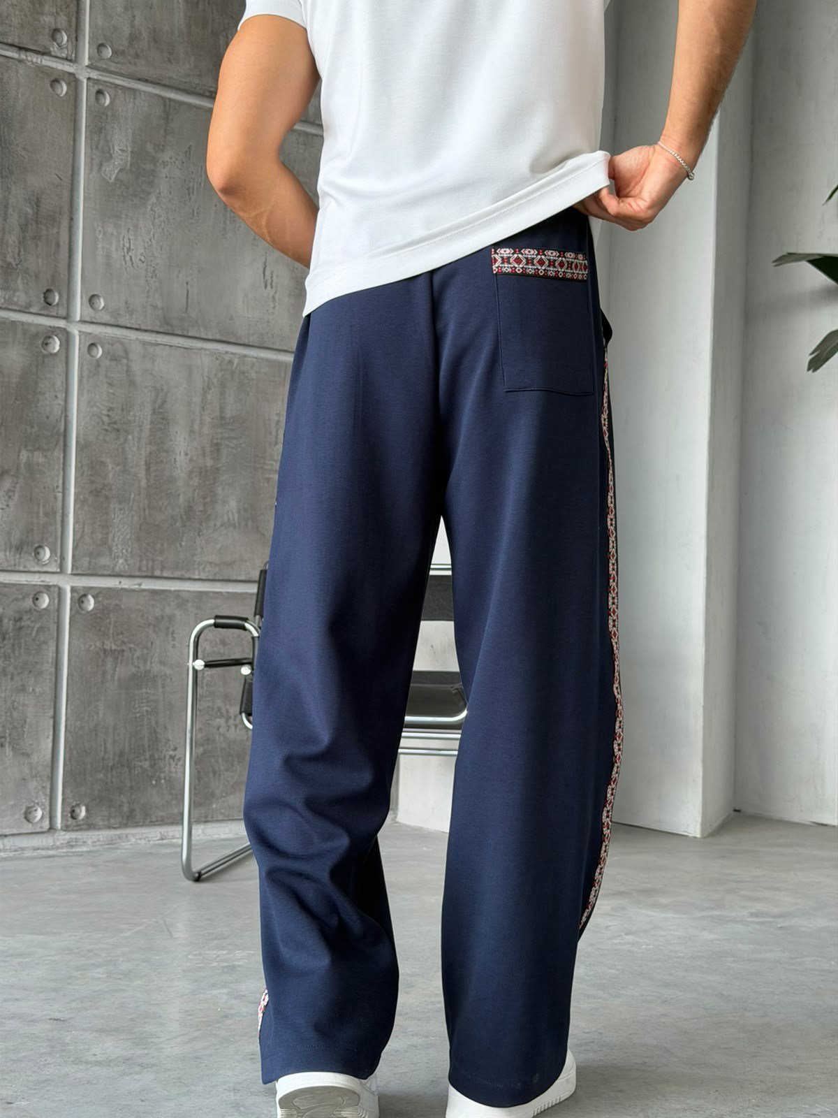 Ethnic Pattern Striped Baggy Tracksuit Pants – Navy