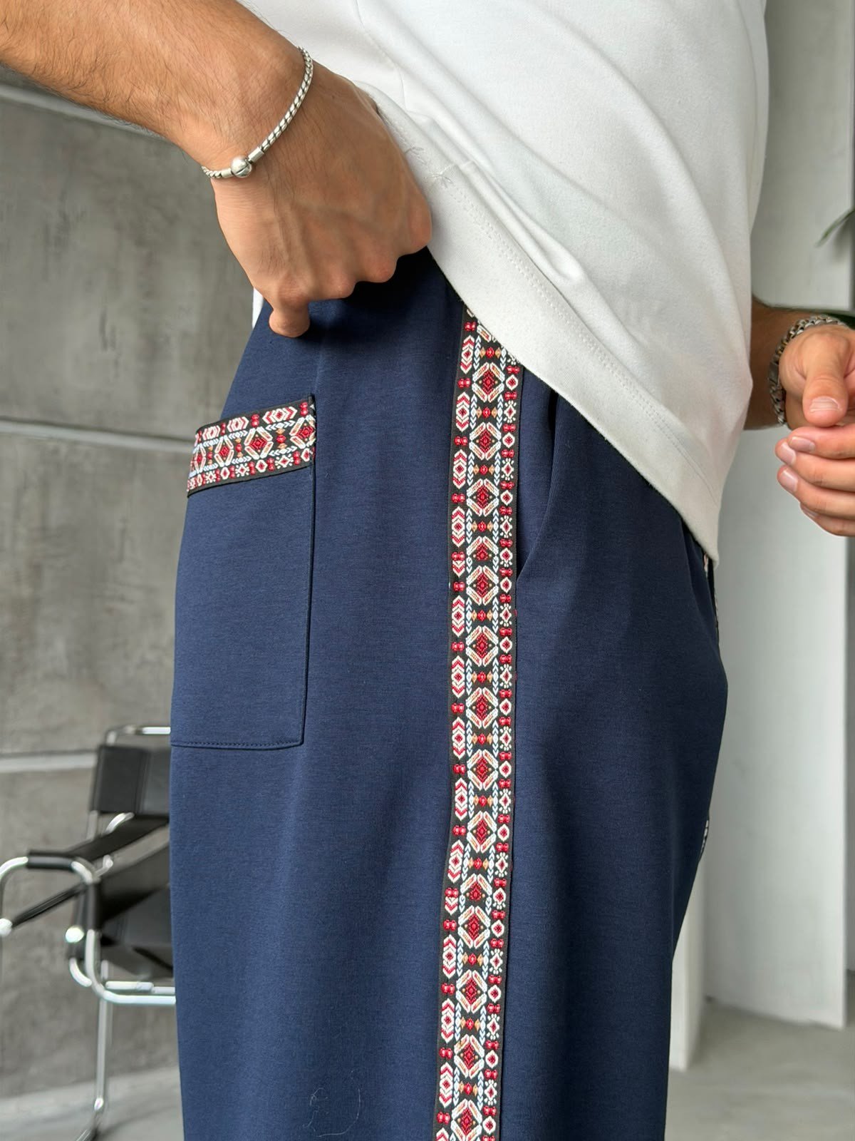 Ethnic Pattern Striped Baggy Tracksuit Pants – Navy