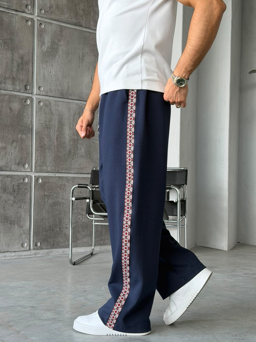 Ethnic Pattern Striped Baggy Tracksuit Pants – Navy
