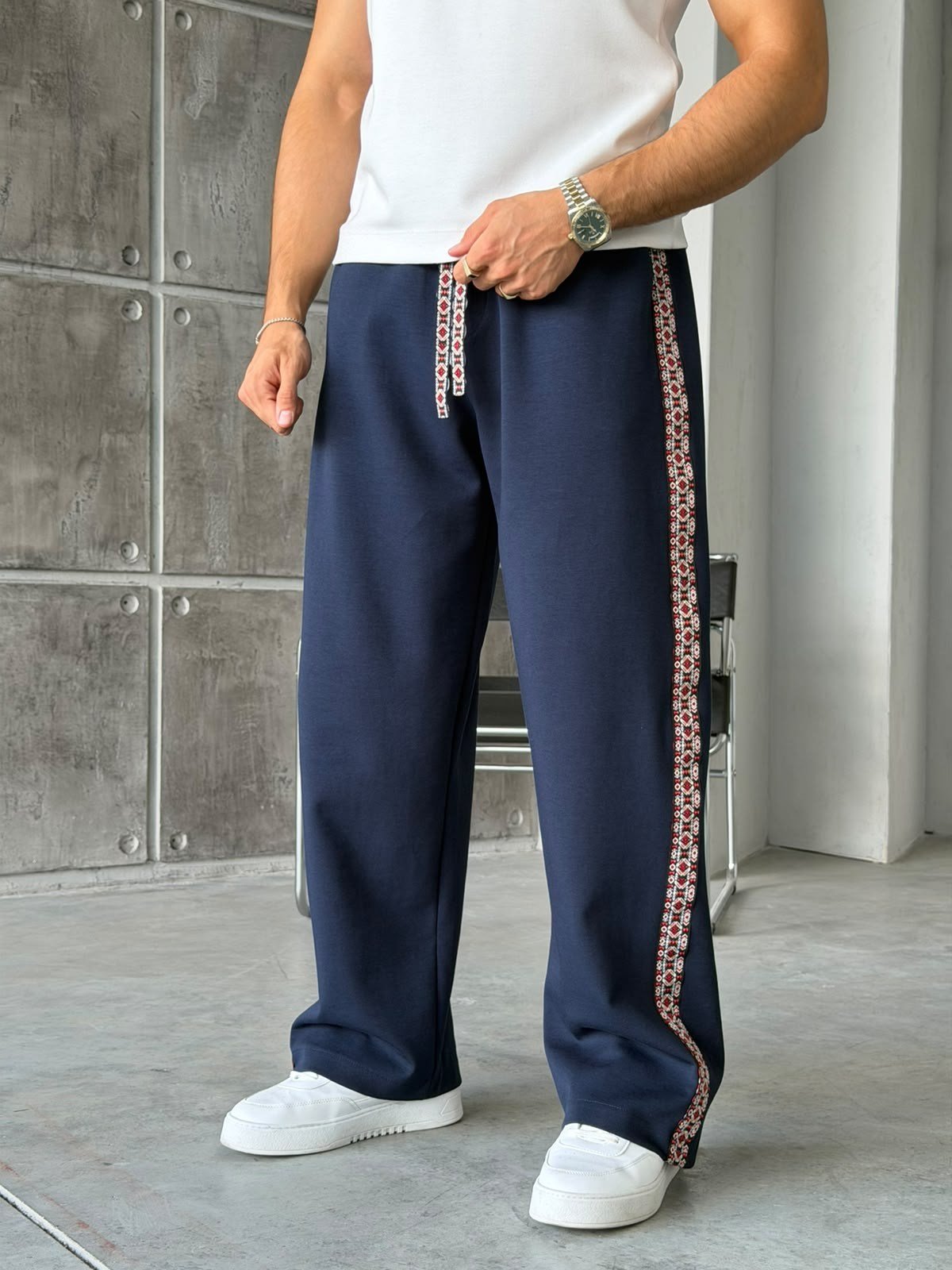 Ethnic Pattern Striped Baggy Tracksuit Pants – Navy