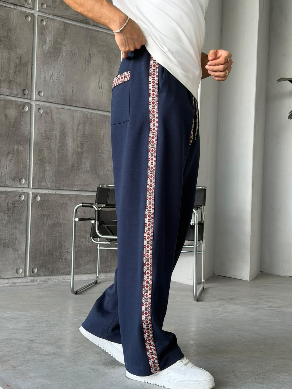 Ethnic Pattern Striped Baggy Tracksuit Pants – Navy