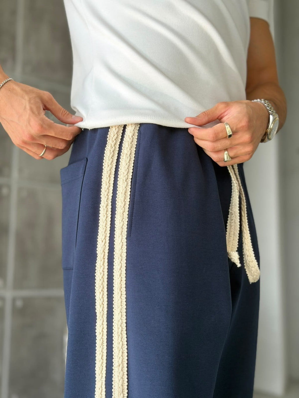 Woven Stripe Design Baggy Tracksuit Pants – Navy