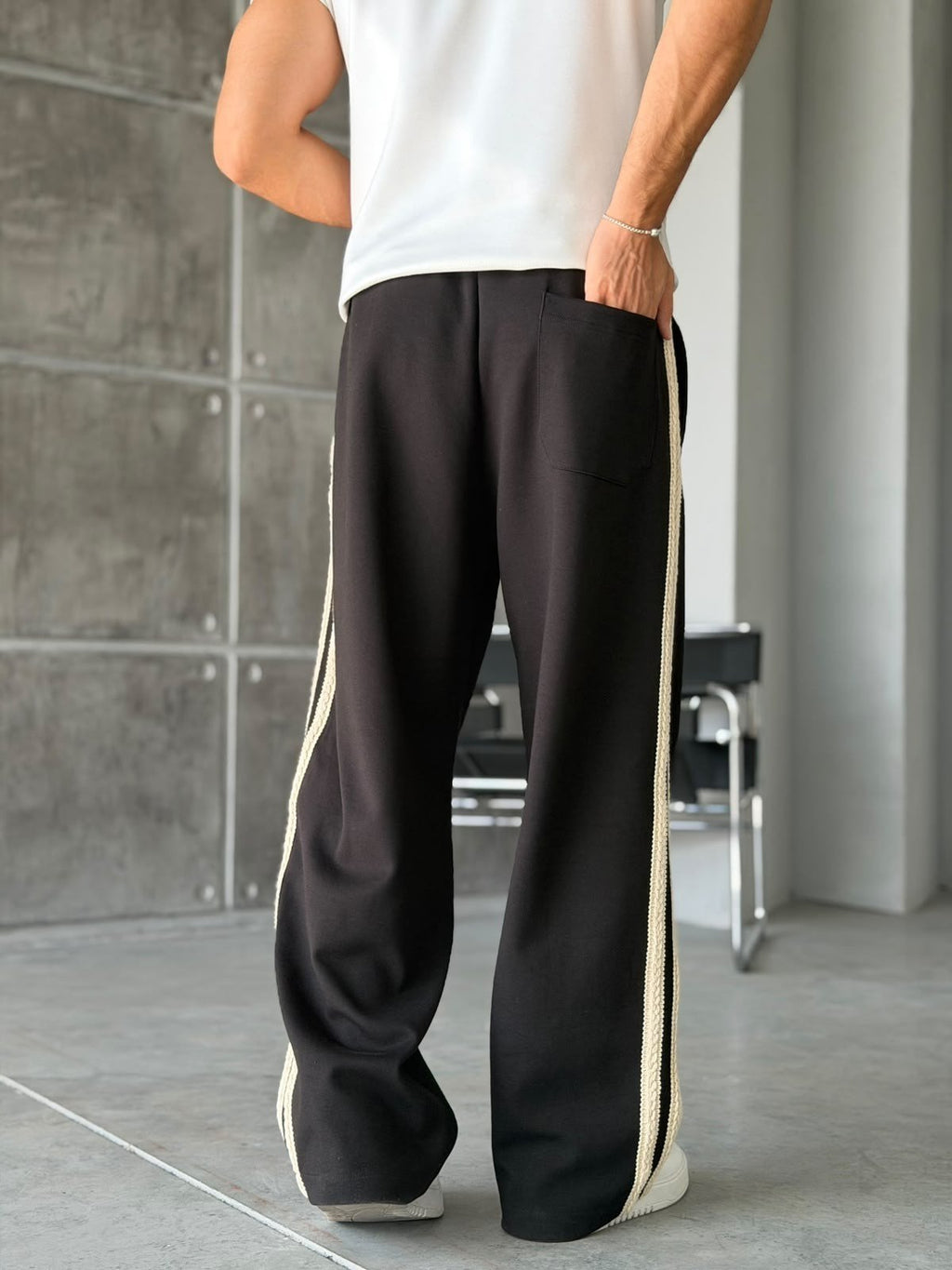 Woven Stripe Design Baggy Tracksuit Pants – Black