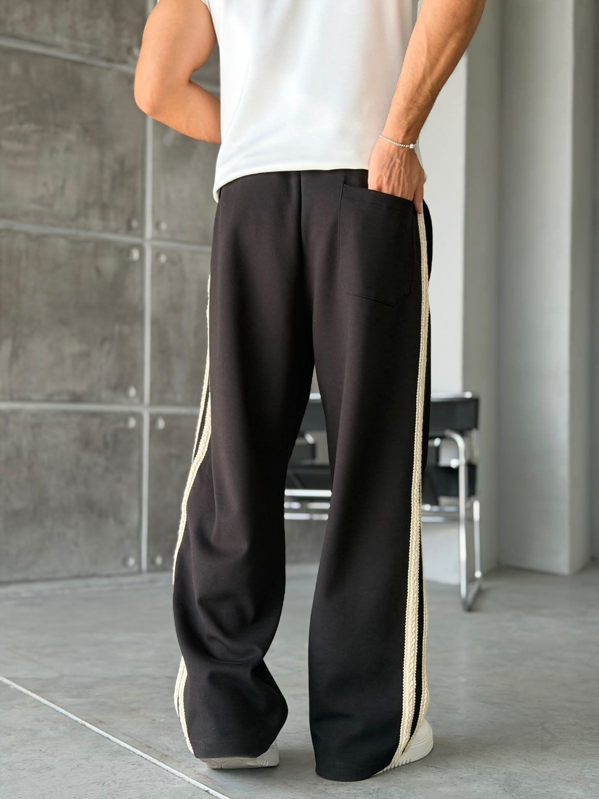 Woven Stripe Design Baggy Tracksuit Pants – Black