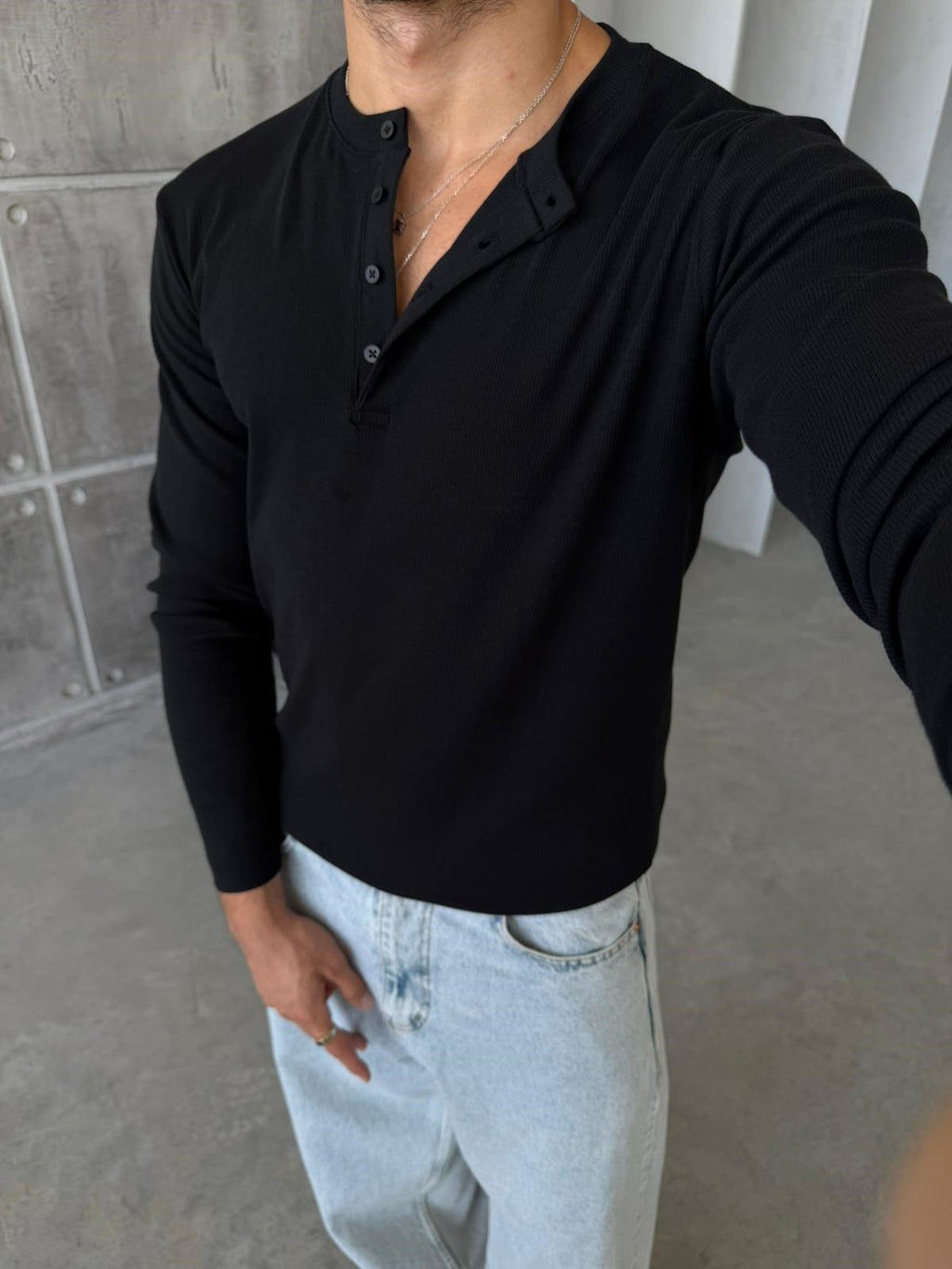 Ribbed Henley Long Sleeve T-Shirt - Black