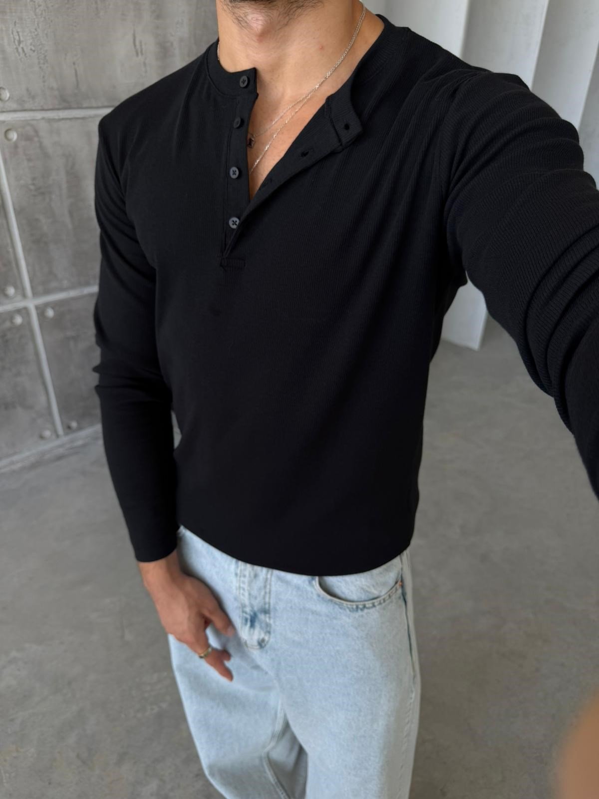 Ribbed Henley Long Sleeve T-Shirt - Black