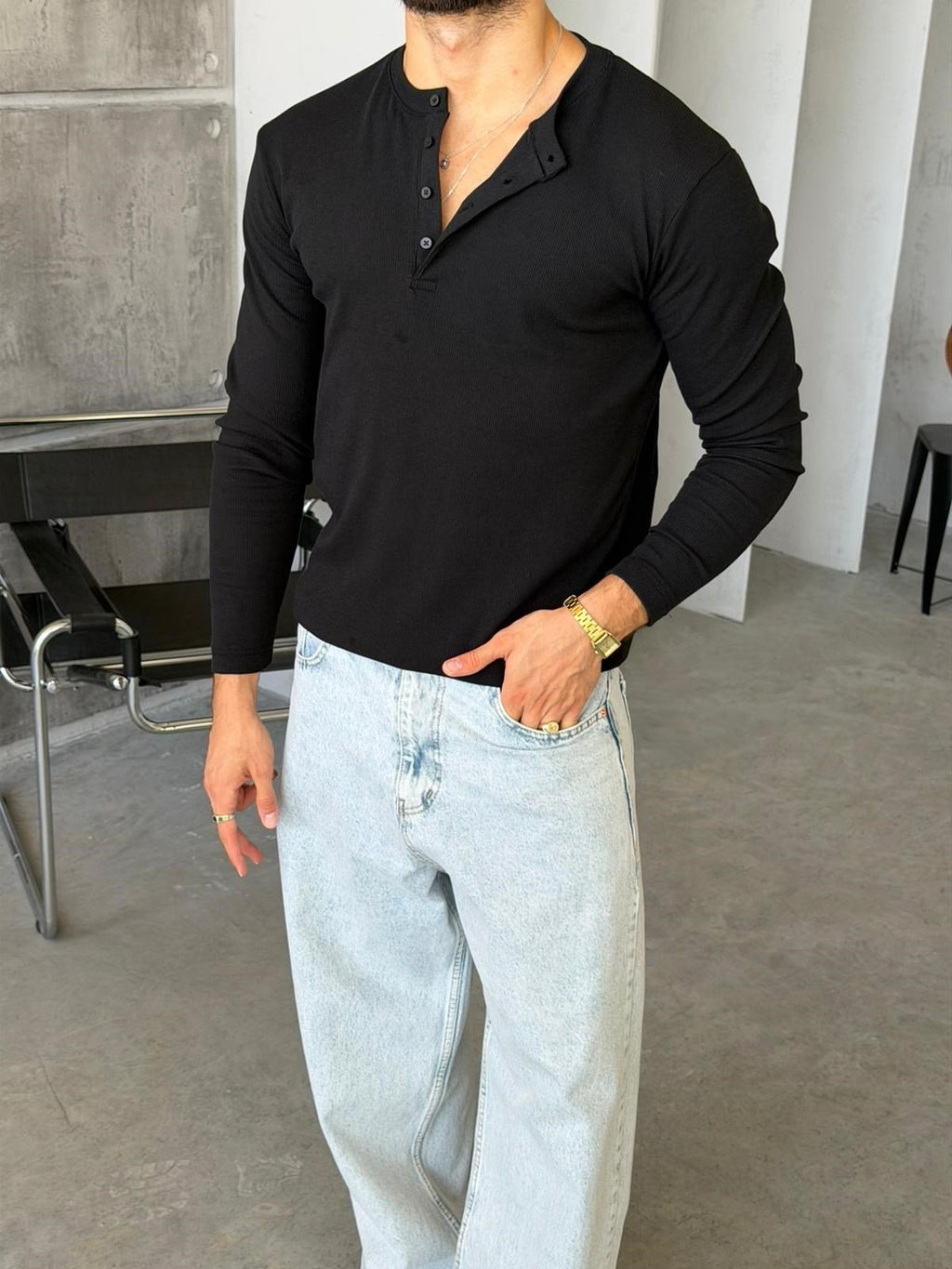 Ribbed Henley Long Sleeve T-Shirt - Black