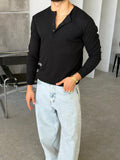 Ribbed Henley Long Sleeve T-Shirt - Black