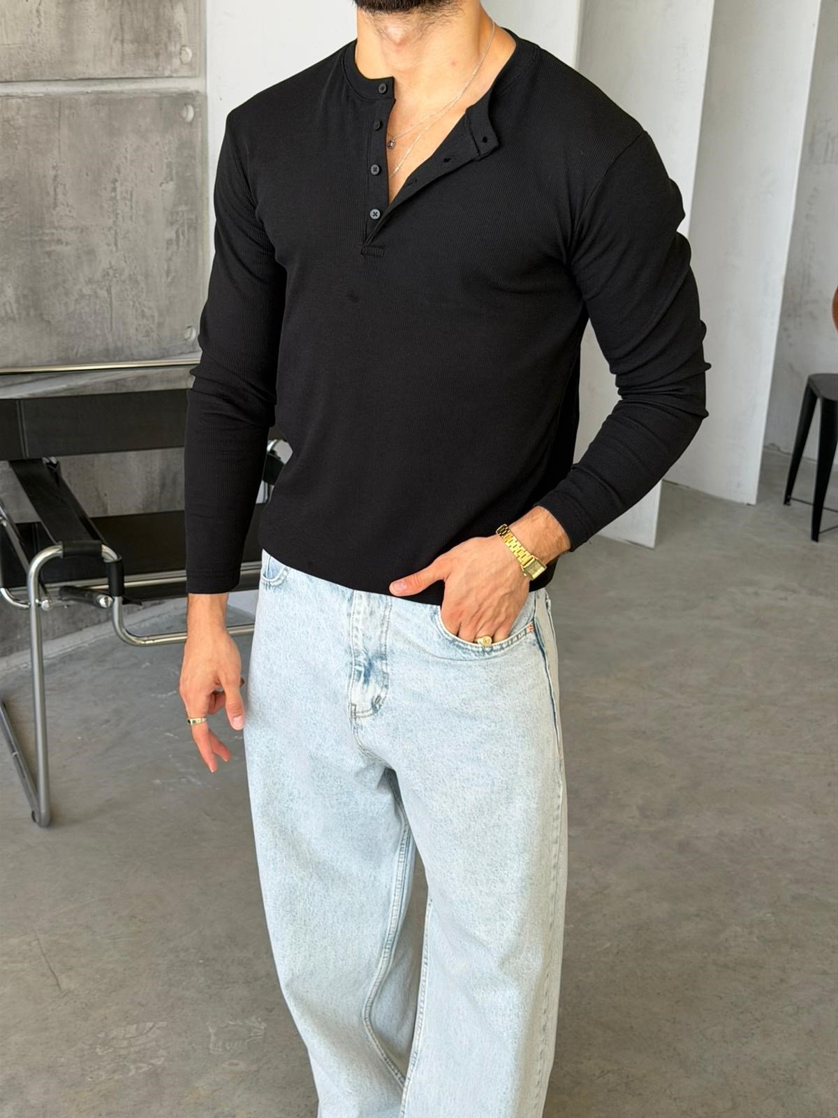 Ribbed Henley Long Sleeve T-Shirt - Black