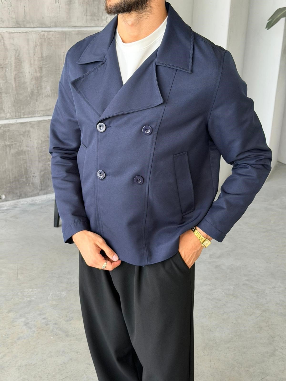 Double-Breasted Trench Jacket – Navy