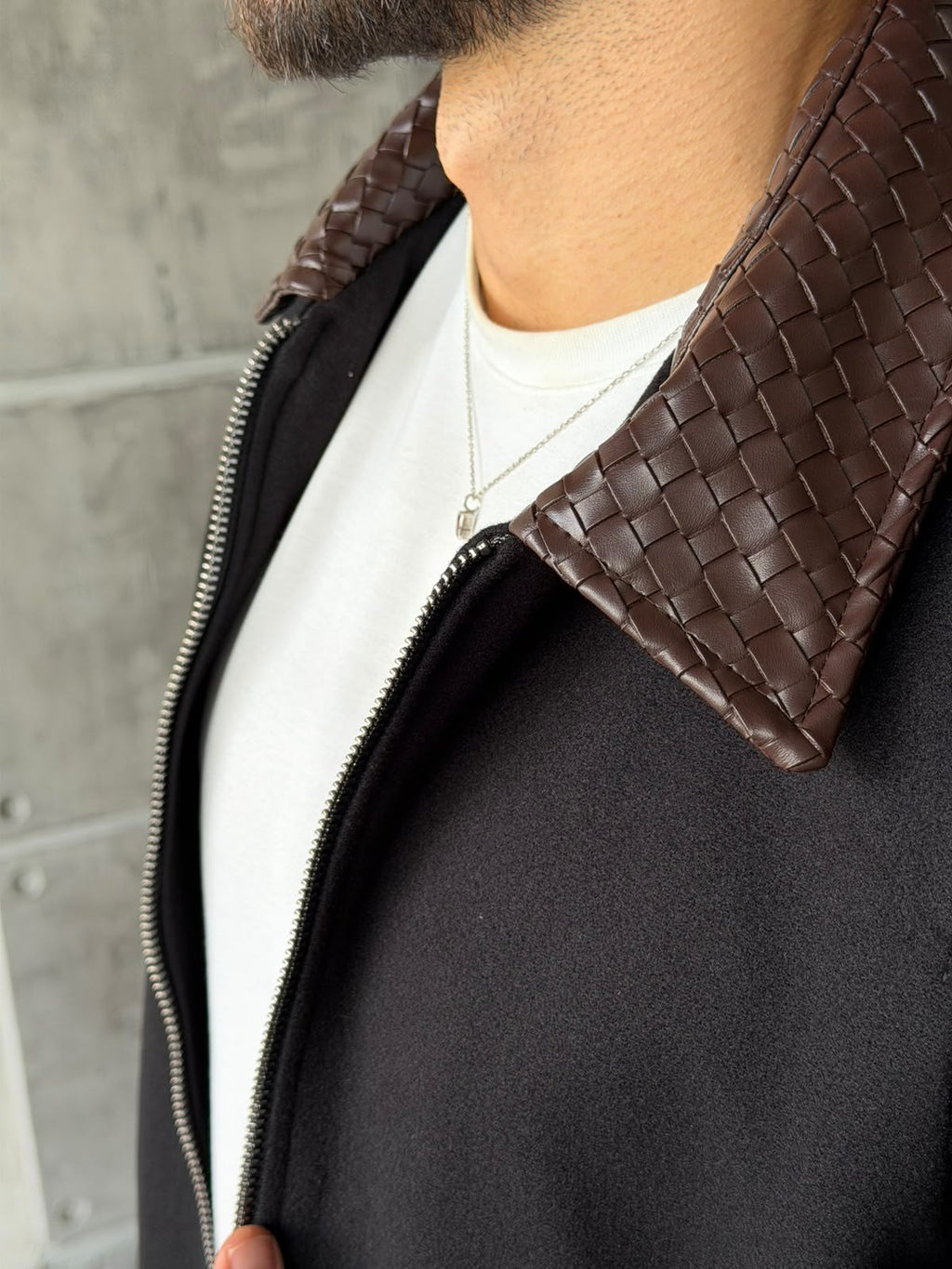 Knit Zip-Up Jacket with Leather Collar – Black