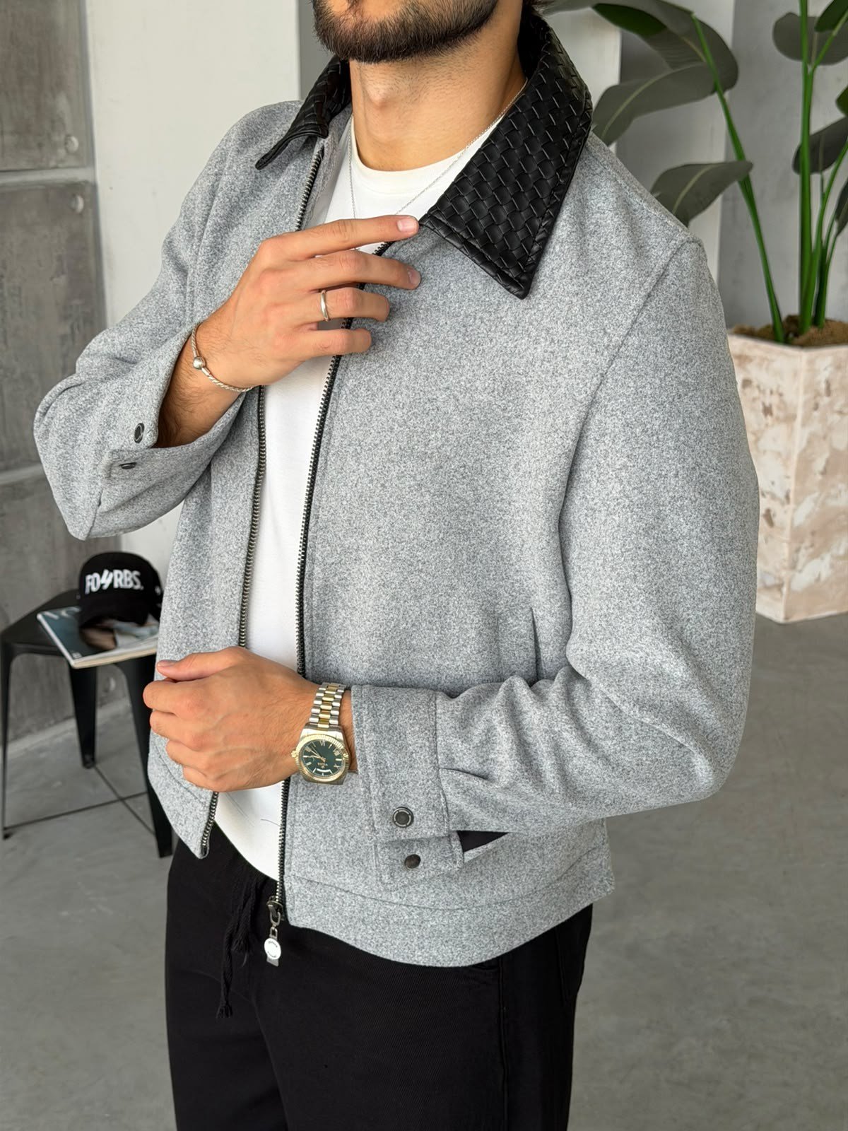 Knit Zip-Up Jacket with Leather Collar – Grey