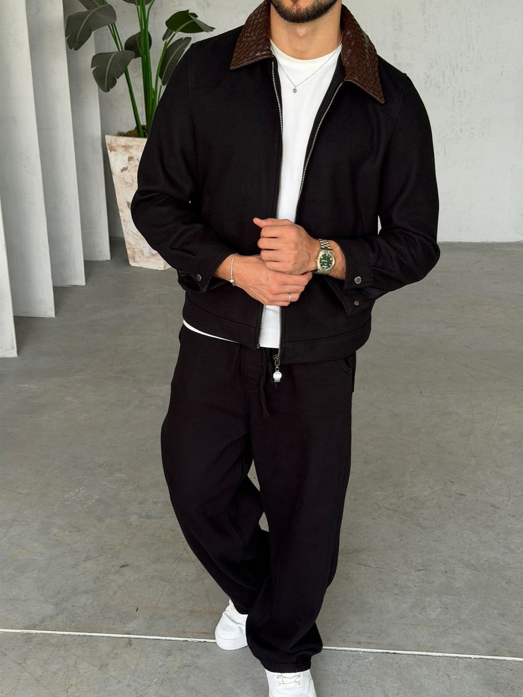 Knit Zip-Up Jacket with Leather Collar – Black