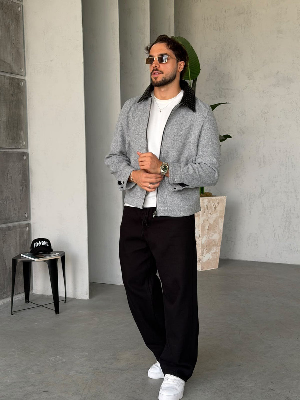 Knit Zip-Up Jacket with Leather Collar – Grey
