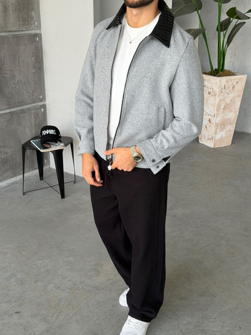 Knit Zip-Up Jacket with Leather Collar – Grey