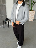 Knit Zip-Up Jacket with Leather Collar – Grey