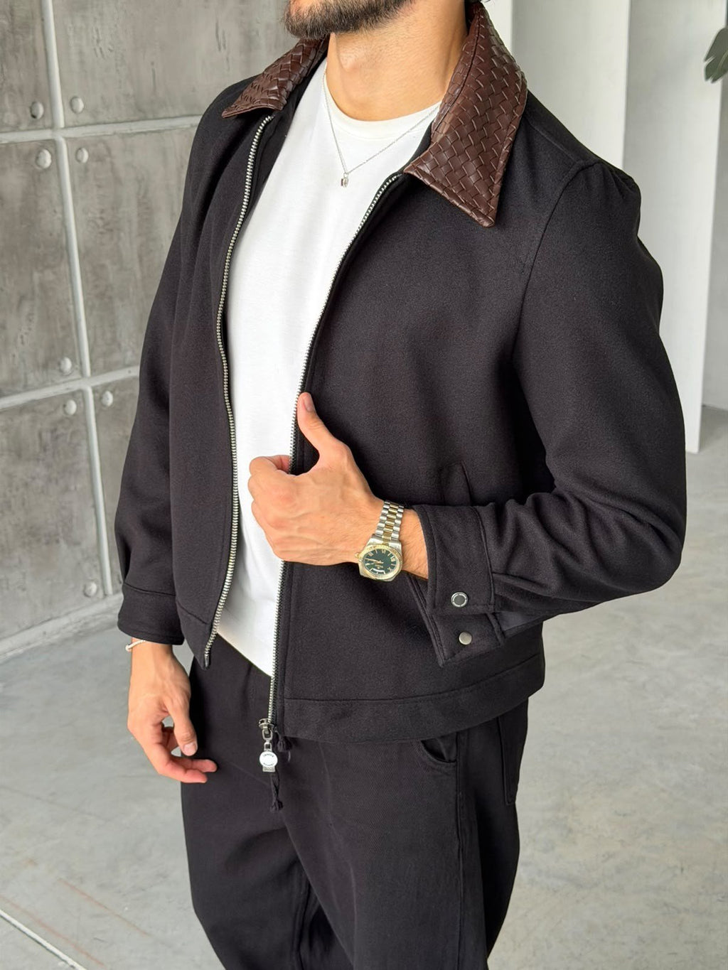 Knit Zip-Up Jacket with Leather Collar – Black