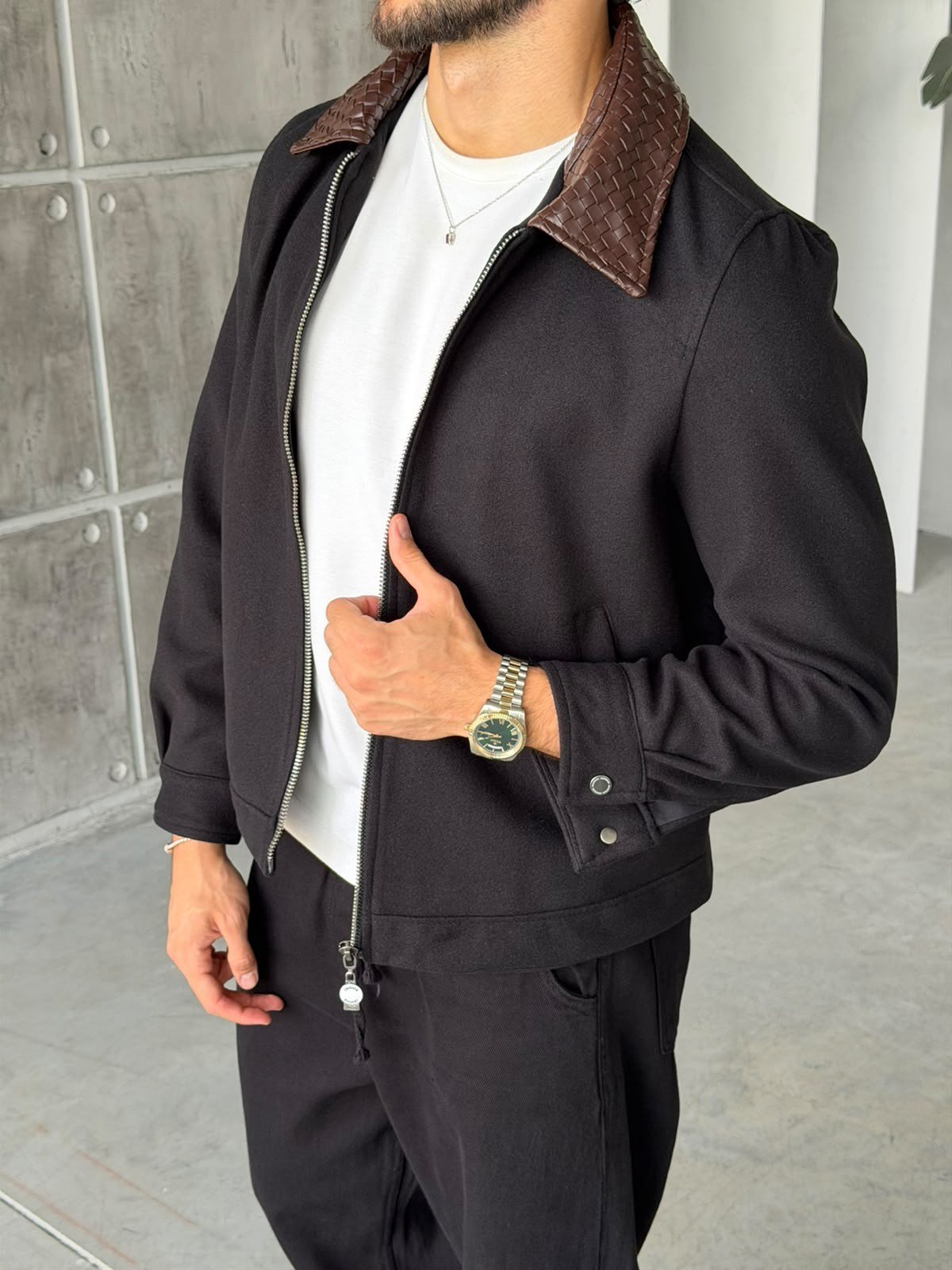 Knit Zip-Up Jacket with Leather Collar – Black