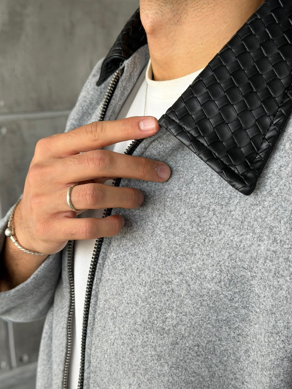 Knit Zip-Up Jacket with Leather Collar – Grey