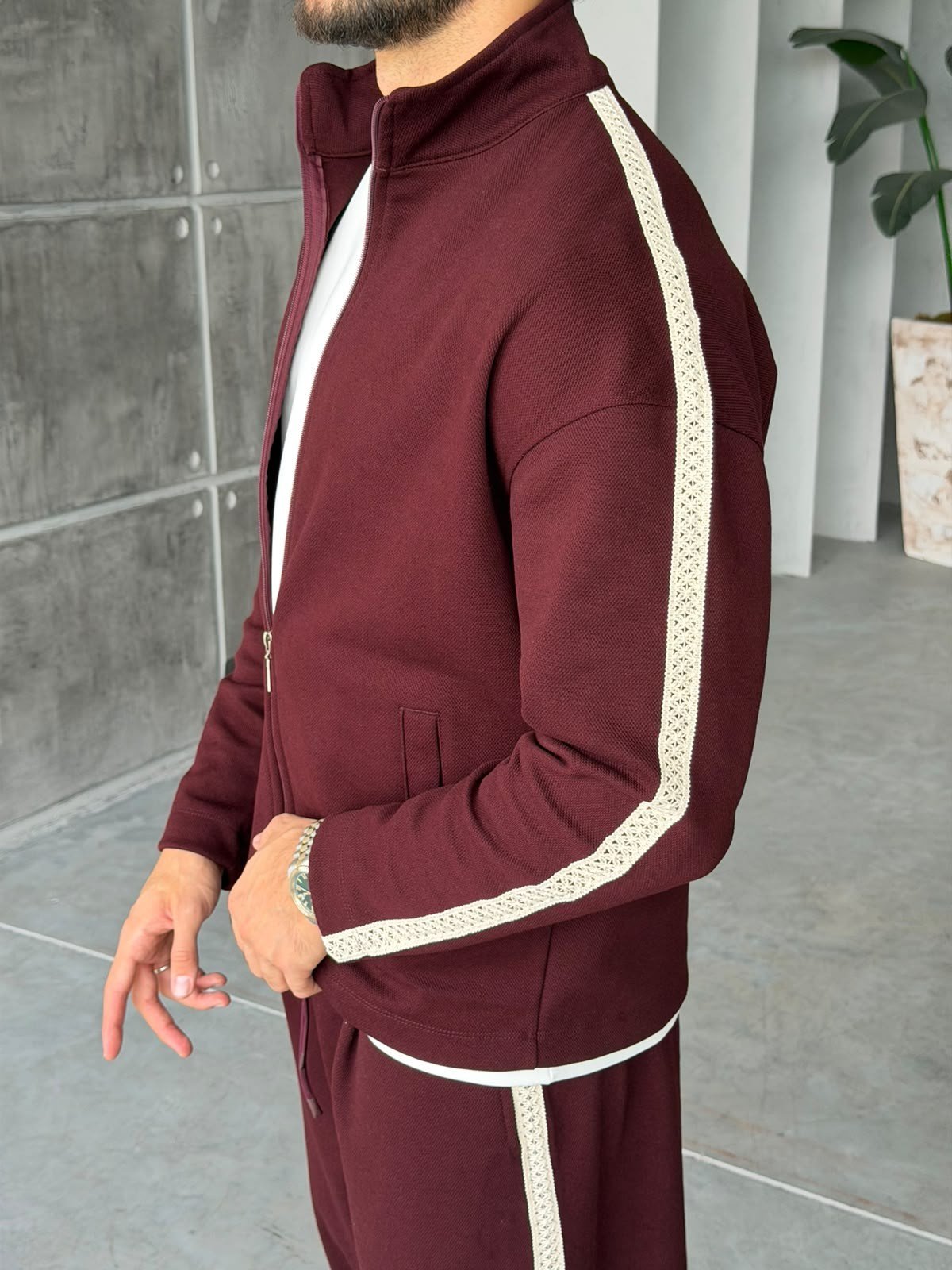 Striped Zip-Up Tracksuit – Bordo